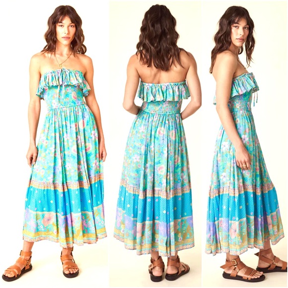 SPELL Hibiscus Lane Strapless Flutter Midi Dress Organic 
Lagoon Floral Print - Picture 1 of 17